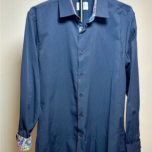 T-fusioin Stylish Navy Casual Button Down Shirt with Floral Cuffs